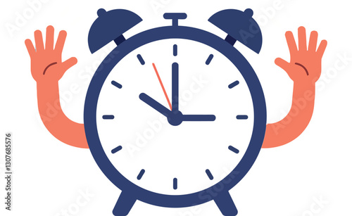 Alarm clock character with hands raised in a playful flat vector illustration showcasing time management and urgency