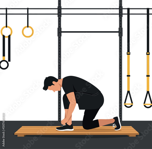 A man tying his shoelaces on a wooden platform in a gym, minimal style vector art