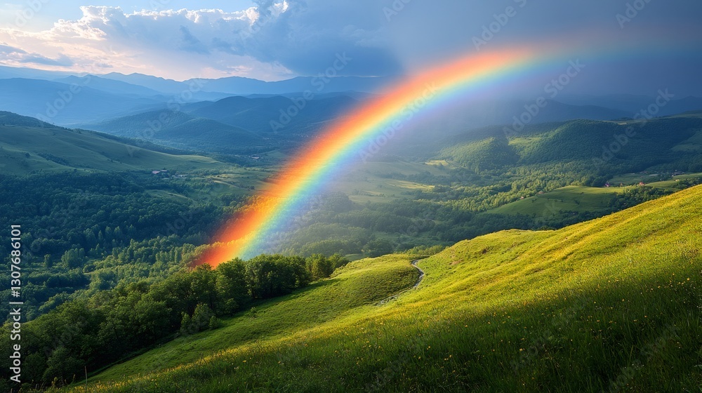 Bright rainbow touching green hills in mountain valley after storm Bright rainbow touching green hills in mountain valley after storm