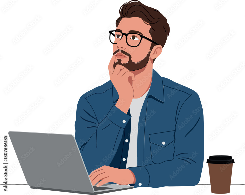 Thoughtful man in casual attire using a laptop while sipping coffee in minimal vector illustration Thoughtful man in casual attire using a laptop while sipping coffee in minimal vector illustration