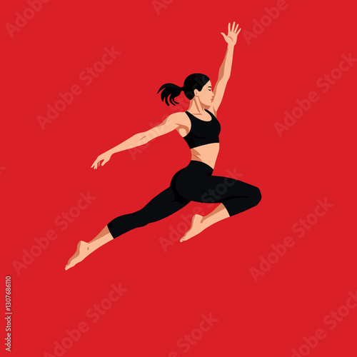 Dynamic dancer in mid-air performing a leap against a vibrant red background in flat vector art