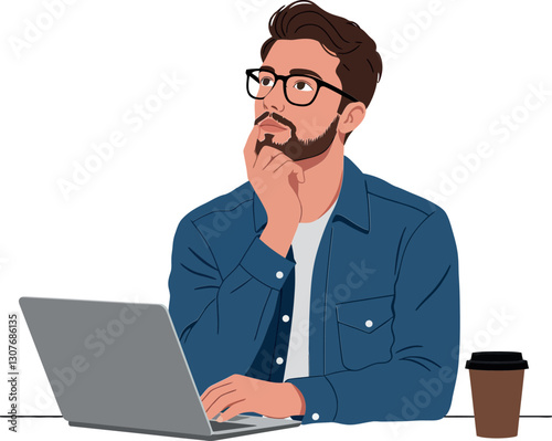 Thoughtful man in casual attire using a laptop while sipping coffee in minimal vector illustration
