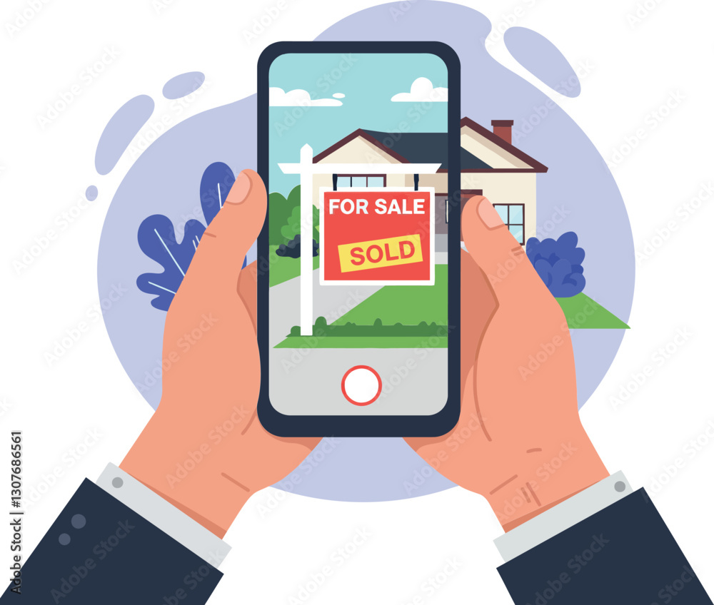 Hands holding smartphone displaying a sold house sign in a flat vector illustration Hands holding smartphone displaying a sold house sign in a flat vector illustration