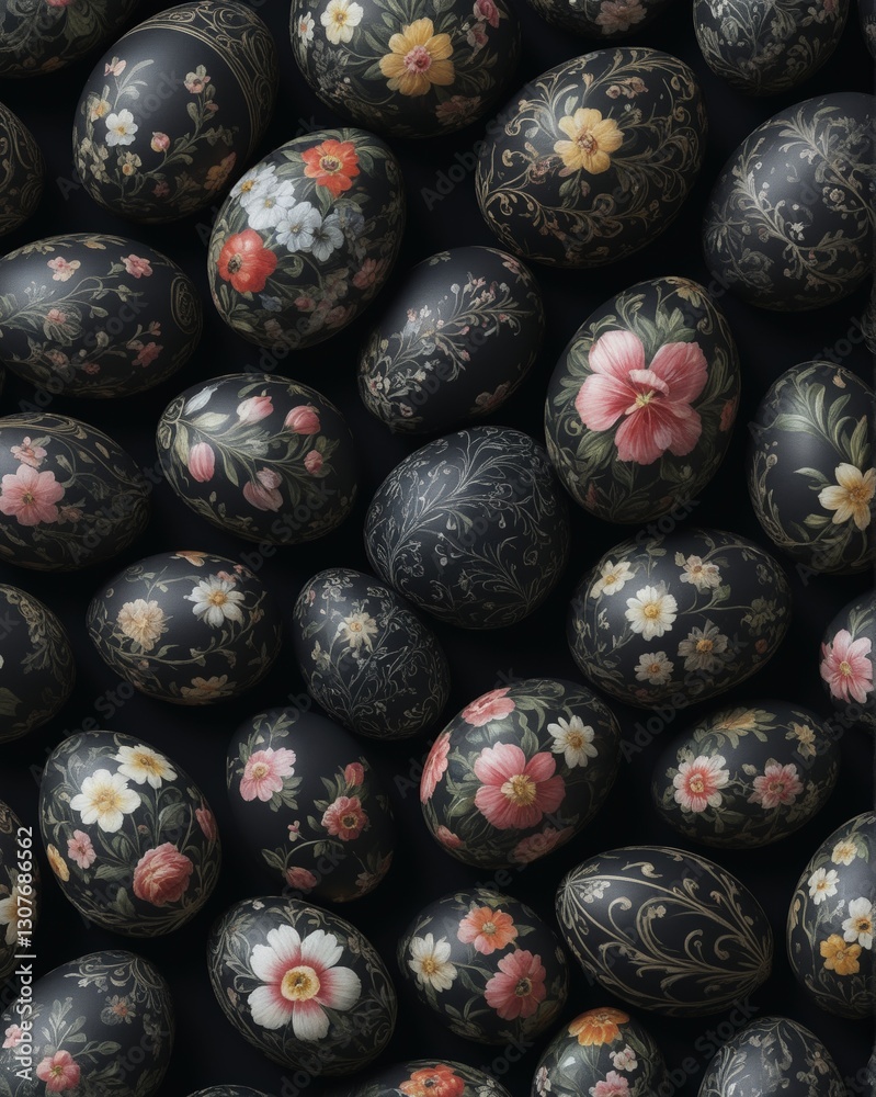 A collection of black and white painted eggs with flowers on them. The eggs are arranged in a pattern and are surrounded by a black background A collection of black and white painted eggs with flowers on them. The eggs are arranged in a pattern and are surrounded by a black background