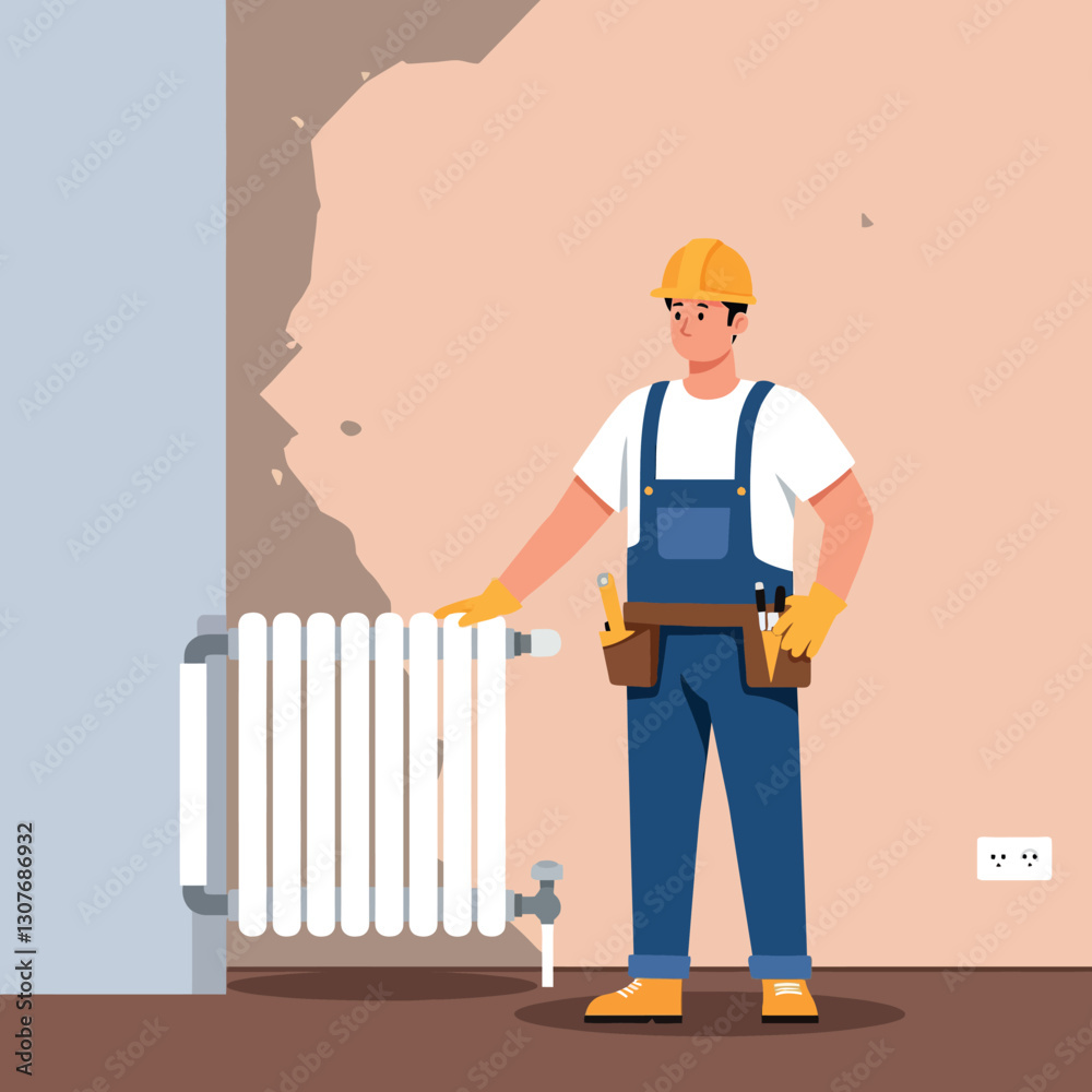 Skilled worker in yellow hard hat adjusting white radiator in minimal vector illustration Skilled worker in yellow hard hat adjusting white radiator in minimal vector illustration