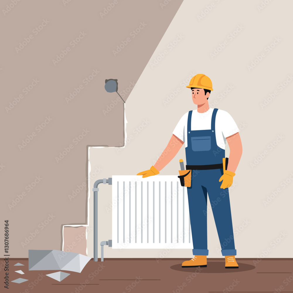 A skilled worker in blue overalls and yellow hard hat inspecting a white radiator in a flat design vector illustration