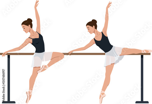 Ballerina practicing graceful movements at a ballet barre in minimal vector illustration