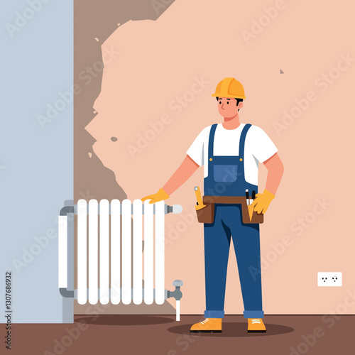 Skilled worker in yellow hard hat adjusting white radiator in minimal vector illustration