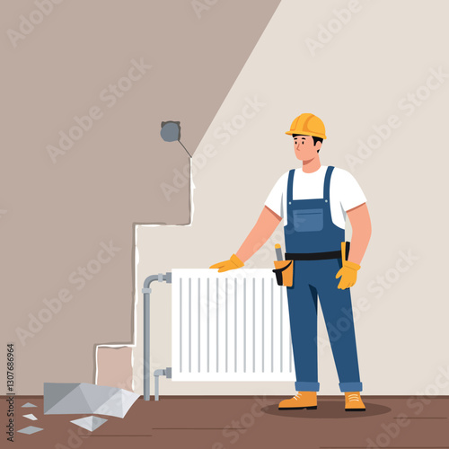 A skilled worker in blue overalls and yellow hard hat inspecting a white radiator in a flat design vector illustration