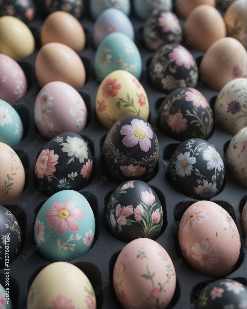 A collection of black and white painted eggs with flowers on them. The eggs are arranged in a pattern and are surrounded by a black background A collection of black and white painted eggs with flowers on them. The eggs are arranged in a pattern and are surrounded by a black background