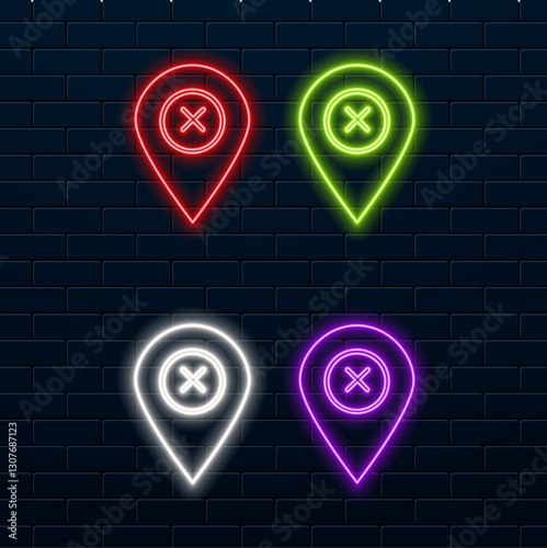 Glowing neon line Map pin icon isolated on black background. Navigation, pointer, location, map, gps, direction, place, compass, search concept. Colorful outline concept.