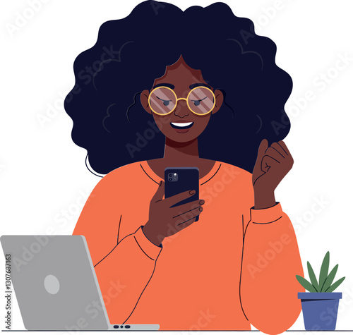 Happy woman with curly hair checking smartphone while sitting at a desk with a laptop and a plant in minimal vector illustration