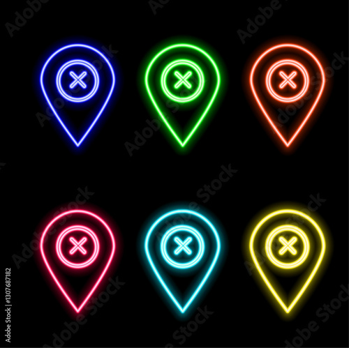 Glowing neon line Map pin icon isolated on black background. Navigation, pointer, location, map, gps, direction, place, compass, search concept. Vector Illustration