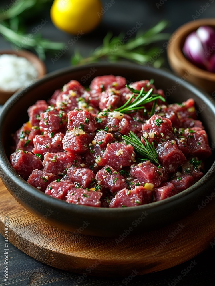 Diced beef marinating with herbs and spices in a bowl Diced beef marinating with herbs and spices in a bowl