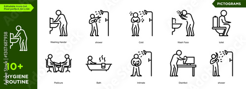 Editable Hygiene Routine pictogram icons set arranged separately on flat vector illustration with transparent background. Perfect pixel size. 64x64