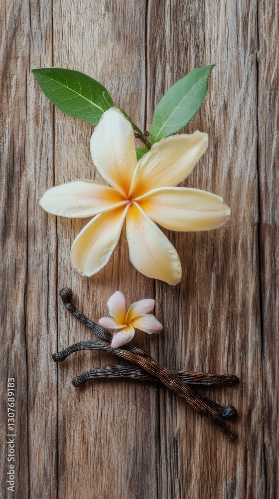 Vanilla flower and pod on a wooden table. Vanilla flower and pod with natural textures and soft tones. Vanilla flower and pod on a wooden table. Vanilla flower and pod with natural textures and soft tones.
