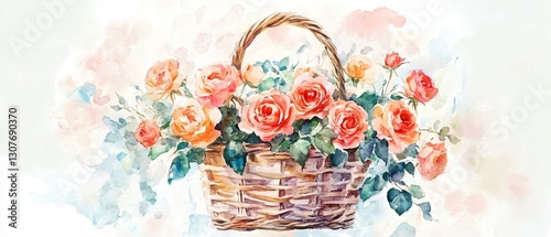 Beautiful watercolor painting of roses in a basket