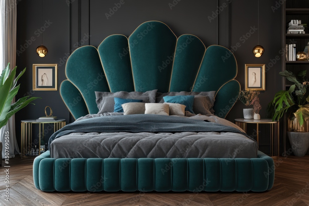 Obraz premium Teal velvet bed with shell headboard, gold accents, and gray bedding in a dark room.