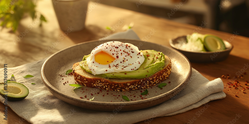 Avocado toast with poached egg and chili flakes on wooden table Avocado toast with poached egg and chili flakes on wooden table