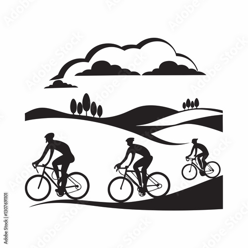 Cyclists riding on hilly landscape under cloudy sky