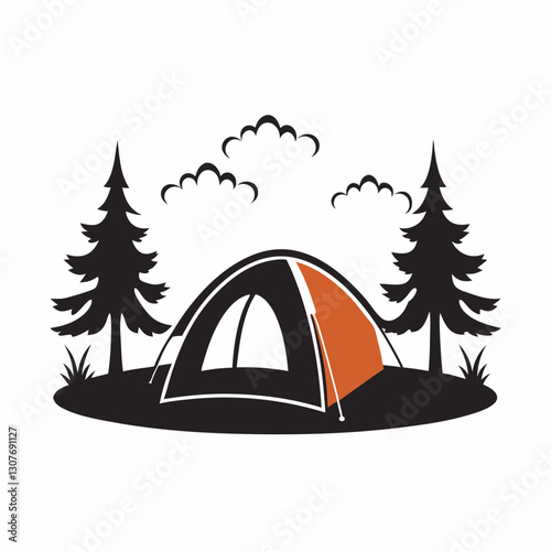 Camping tent with pine trees and clouds