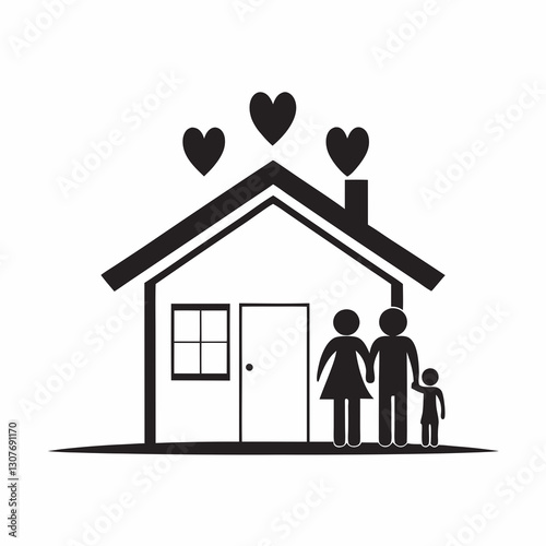 Family standing together at home with hearts above