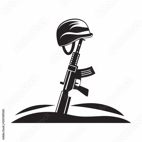 Soldier's helmet resting on rifle in a field