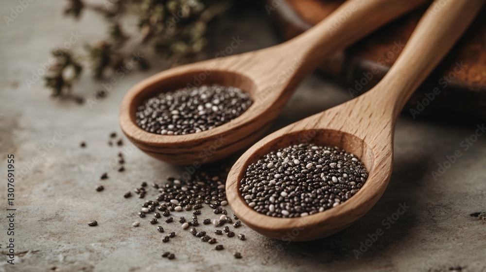 Closeup of wooden spoons with chia seeds Closeup of wooden spoons with chia seeds