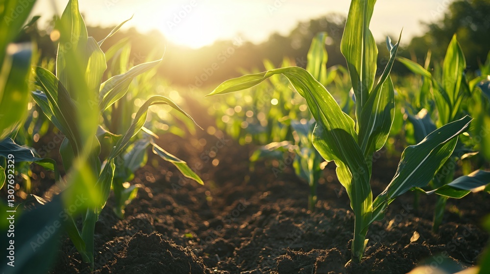 Fototapeta premium Vibrant young corn plants swaying in sunlight