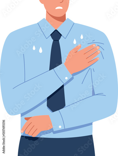 Man in a light blue shirt showing signs of nervousness with sweat droplets in a detailed flat vector illustration