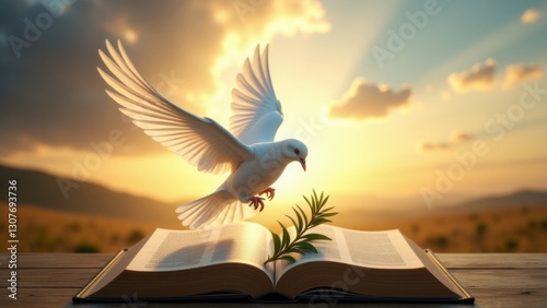 Lift palm sunday spirits with a radiant dove with branch soaring above open scripture