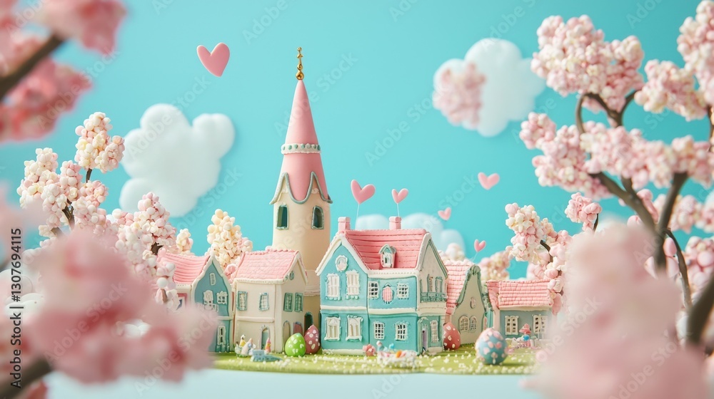 Fototapeta premium Charming pastel village with flowers and hearts under a blue sky creates a whimsical atmosphere perfect for spring celebrations