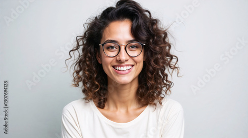 Smiling Woman with Curly Hair and Glasses, Confident Portrait, Woman, Curly Hair, Generative ai photo