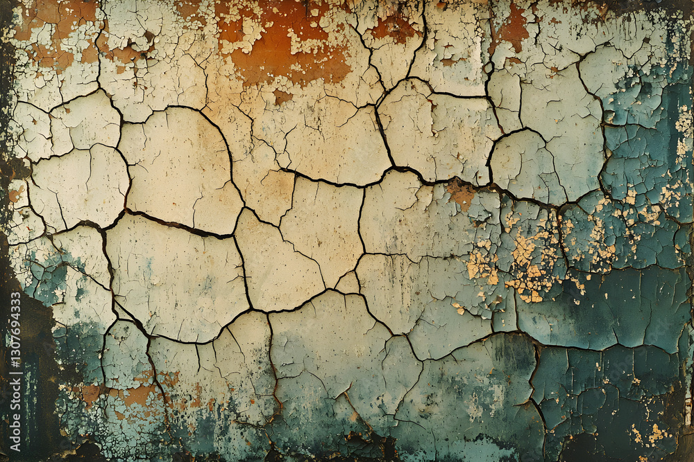 Obraz premium Old wall with cracked paint and faded colors creates a distressed look of age and beauty in an abandoned space