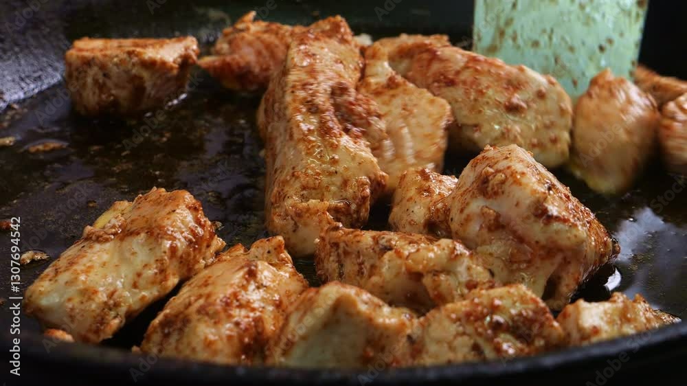 Chicken breast pieces are fried in spices and teriyaki sauce in oil in a frying pan. Medium shot. Chicken breast pieces are fried in spices and teriyaki sauce in oil in a frying pan. Medium shot.