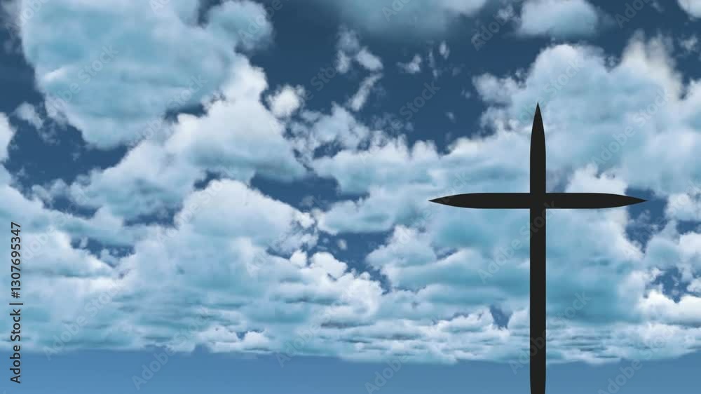 Silhouette of cross against blue sky with scattered white clouds in background Silhouette of cross against blue sky with scattered white clouds in background