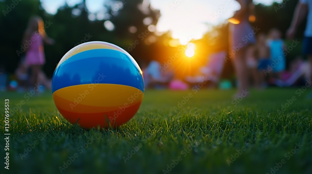 Colorful ball on grass, park sunset, kids playing Colorful ball on grass, park sunset, kids playing