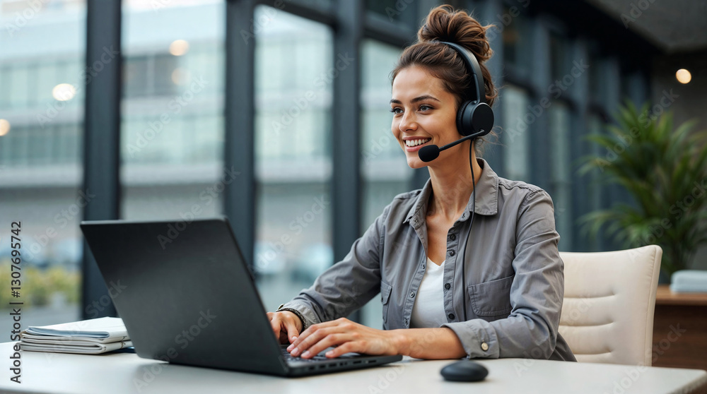 Call Center Woman, Smiling Customer Support Representative Working on Laptop with Headset, Customer care woman, Generative ai Call Center Woman, Smiling Customer Support Representative Working on Laptop with Headset, Customer care woman, Generative ai