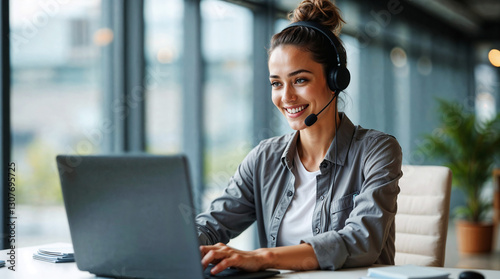 Call Center Woman, Smiling Customer Support Representative Working on Laptop with Headset, Customer care woman, Generative ai