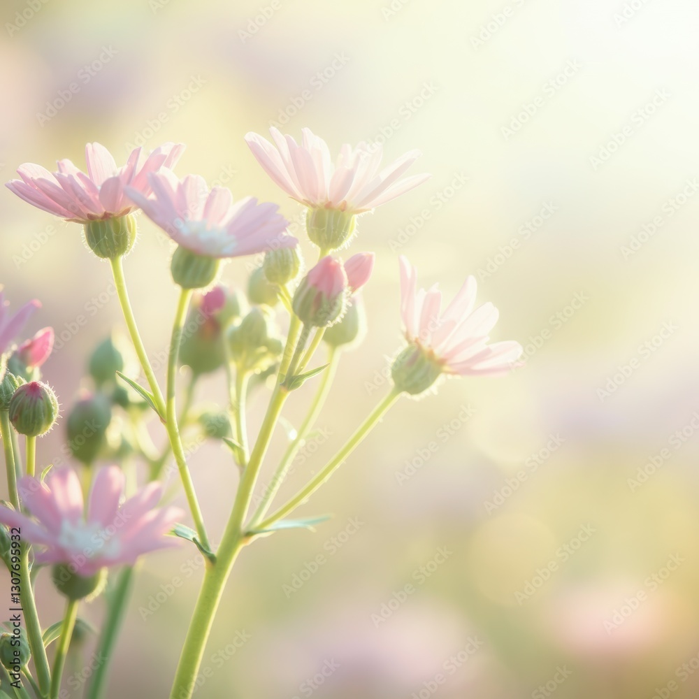 Soft pink daisies in gentle sunlight with fresh green stems in serene garden Soft pink daisies in gentle sunlight with fresh green stems in serene garden