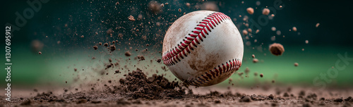 Wallpaper Mural baseball is thrown towards ground, creating cloud of dirt and dust. scene captures dynamic motion and energy of game, evoking excitement and anticipation Torontodigital.ca