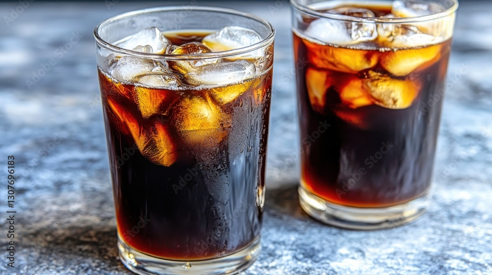 Refreshing iced beverage served in two glasses with ice cubes. Refreshing iced beverage served in two glasses with ice cubes.