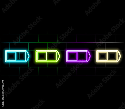 Neon battery icon. Glowing neon accumulator sign, outline electric charge pictogram in vivid colors. Phone battery with full charge, electrical charging station. Vector icon set, sign, symbol for UI.