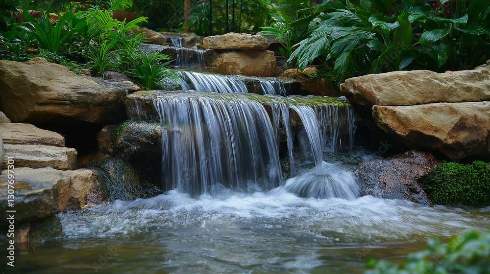 Obraz premium Peaceful waterfall cascading through lush green rocks, offering a serene and refreshing natural view