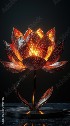 Illuminated Lotus Flower Lamp, Emitting Warm Glowing Light With Intricate Petal Design, Evoking Serenity And Elegance In A Contemporary Home Interior Setting