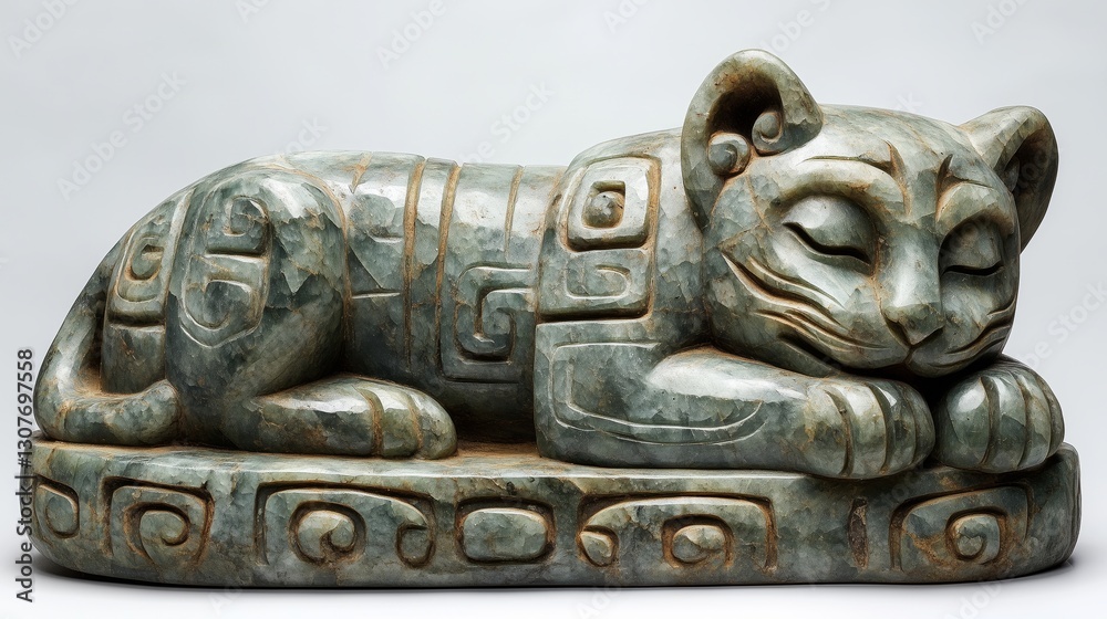 Intricately carved jade sculpture of a feline, possibly a jaguar Intricately carved jade sculpture of a feline, possibly a jaguar