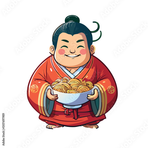The logo features a clean, Japanese-inspired design. A plump figure dressed in a vibrant red robe with dark hair and a round face is holding a bowl of ramen, set against a white background 