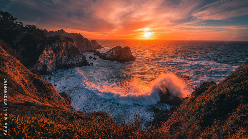 Fototapeta premium Rugged coastlines with crashing waves at sunset, highlighting the raw beauty of nature