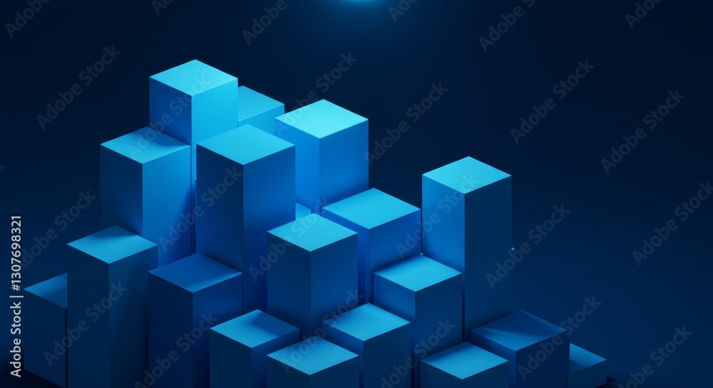Abstract Blue Cubes Structure - 3D  of blue cubes forming an abstract structure against a dark blue background. Clean, modern design