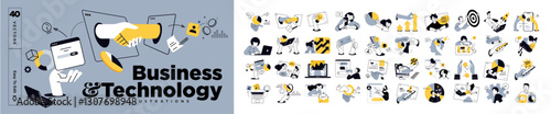 Business and technology illustrations. Concepts of web design and development, startup and online business, seo, app development, e-commerce, strategy and planning, communication.